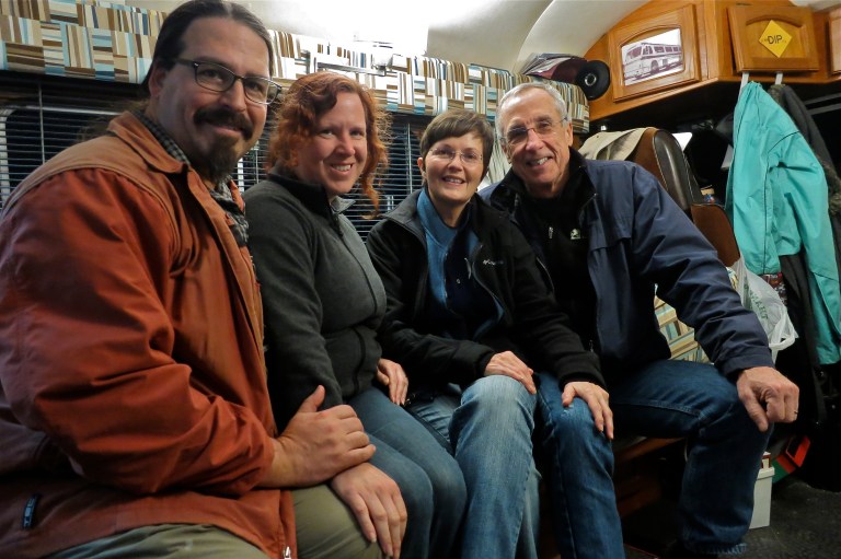 Chris, Cherie, me, & Terry in the Technomadia vintage bus.